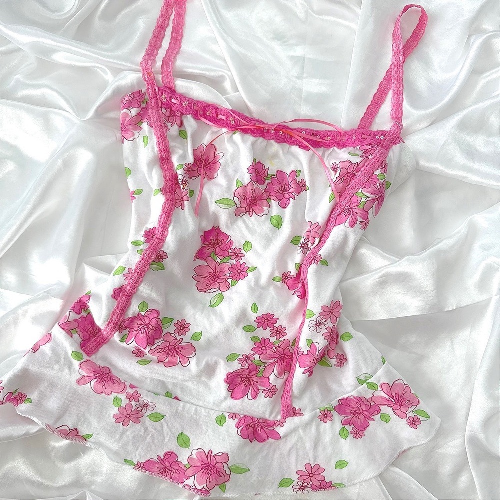 No Boundaries Floral Cami Top Pink Lace Sequin Y2K Coquette XL 15
